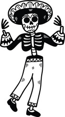 A skeleton dressed in a sombrero and pants is dancing