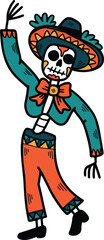 A skeleton dressed in a sombrero and pants is dancing