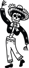 A skeleton dressed in a sombrero and pants is dancing