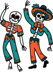 A skeleton dressed in a sombrero and pants is dancing