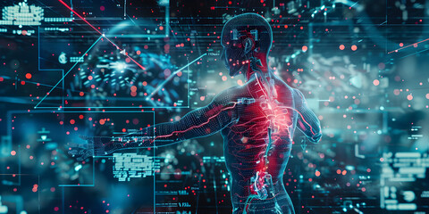 Human body  anatomy with X-ray images and scientific data. Digital healthcare, research and medical technology concept