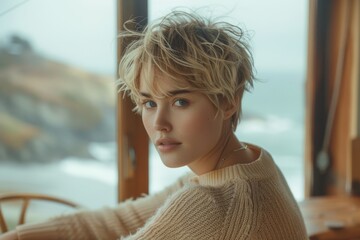 A young woman with short blonde hair gazes out of a window, dressed in a cozy sweater, with a serene coastal background providing a peaceful ambiance.
