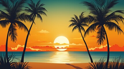Obraz premium Vibrant tropical sunset wallpaper showcasing a picturesque scene with palm trees and a colorful sky