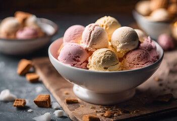 A bowl of assorted ice cream scoops in various flavors, including vanilla, strawberry, and chocolate, placed on a wooden board with scattered caramel pieces and a blurred background. Ice Cream Month.