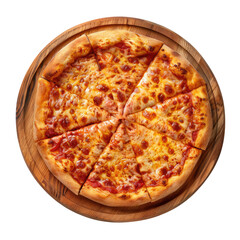 Classic pizza with cheese on wooden board isolated on transparent background, top view