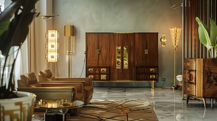 Vibrant brass and earthy wood tones merge to create a dynamic composition.