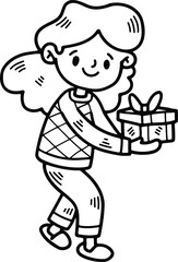 child with gift box Hand drawn illustrations in line art style