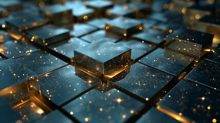 abstract Futuristic dark blue, gold square 3d box neon glowing cubes in dark space digital background.