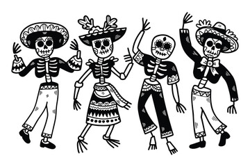 A skeleton dressed in a sombrero and pants is dancing