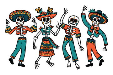A skeleton dressed in a sombrero and pants is dancing