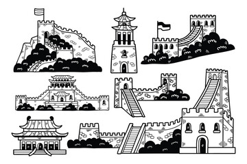 Illustration of Chinese buildings and the Great Wall Hand drawn in line style.