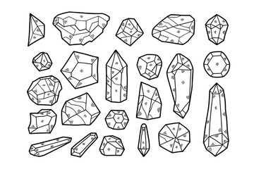 Hand drawn illustrations of rocks and minerals in line art style.