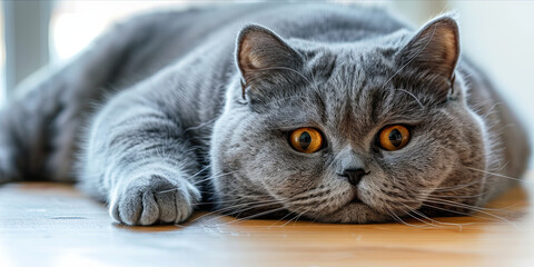 a fat British Shorthair cat with round eyes and grey fur is lying on the table, generative AI