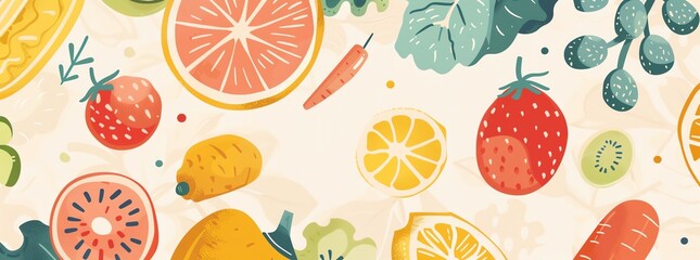 Colorful watercolor fruits and vegetables illustration. Perfect for healthy eating concepts, food blogs, and fresh produce designs.
