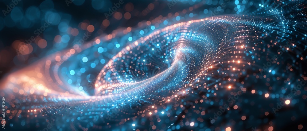 Poster abstract glowing blue and orange particles forming a swirling pattern. high-tech digital background 