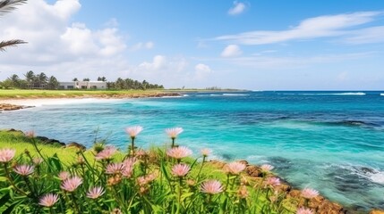 Vibrant beach scene with blooming flowers and fresh grass. Stunning beach landscape featuring flowers and greenery.