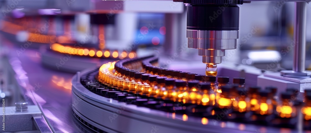 Poster automated pharmaceutical production line with precision filling machines in a modern factory setting