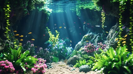 A fish tank with a magical underwater cave theme, 3D render, detailed cave structures, vibrant plants