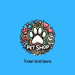 Company logo for pet shop with paw illustration on blue background