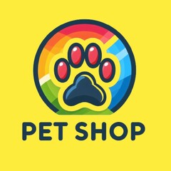 Company logo for pet shop with paw illustration on yellow background