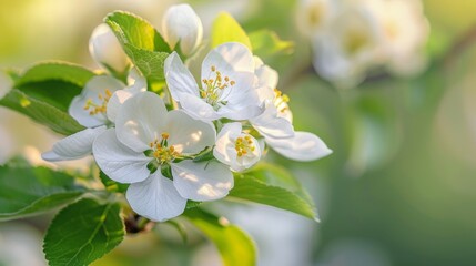 Beautiful close-up of white apple blossoms in full bloom, capturing the delicate details and vibrant colors of springtime nature.