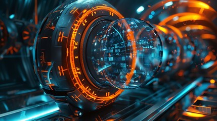 A hamster wheel with a space theme, 3D render, glowing elements, detailed spacecraft design