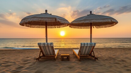 A tranquil and calming setting is formed by a sandy beach adorned with a beach chair and umbrella.
