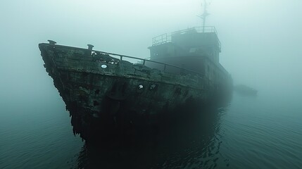 The eerie silhouette of a shipwreck, visible through the mist on a foggy morning..stock image