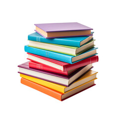 A stack of hardcover books in various bright colors.