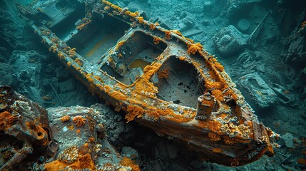 The twisted remains of a ship, its metal hull corroded and covered in algae..illustration graphic