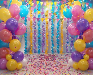 A room filled with colorful balloons and streamers