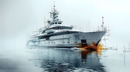 Minimalist Blueprint of Luxurious Yacht Showing Naval Vessel Components