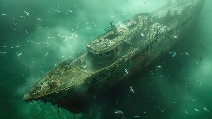 A sunken ship, with its bow sticking out of the water.illustration