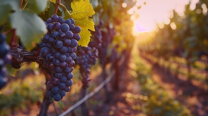 Close-up of ripe grapes hanging on vines in vineyard during sunset, with warm sunlight illuminating the background. - Powered by Adobe