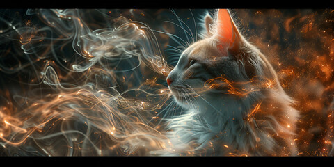  Digital Art of a Cat Face Materializing in White Smoke Against a Dark Background