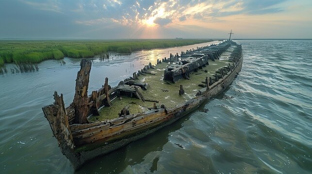 The remnants of a wooden sailing ship, with its masts jutting out of the water..stock photo
