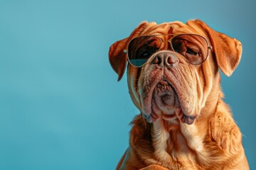 Obraz premium Shar pei dog wearing sunglasses isolated on blue background