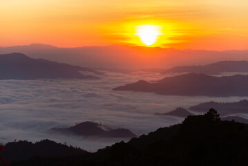 Mountain valley during sunrise. Natural summer landscape