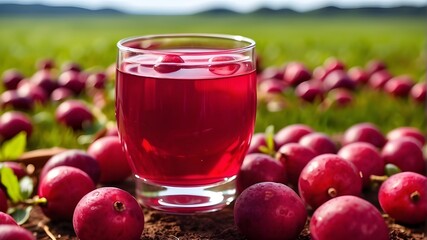 A refreshing glass of cool cranberry juice with a background of cranberry harvest plantations and health benefits.Macro.AI Generative