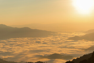 Mountain valley during sunrise. Natural summer landscape
