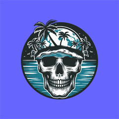 skull head and island with palm tree illustration design vector