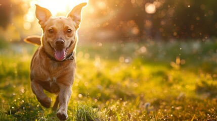 A joyful dog runs through a sunlit field, surrounded by warm golden light and vibrant green grass,...