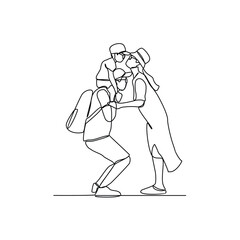 One continuous line drawing of It's summer holiday vector illustration. All about summer activity, things, transport, beach, food and games design in simple linear continuous style vector concept. 