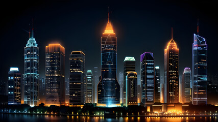Glossy and artistic neon light effect urban landscapes of modern towering cities and Skyscrapers or Artistic textures and futuristic townscapes ai generative