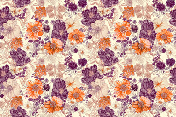 Seamless pattern with purple and orange flowers on a beige background