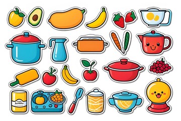 Design for kindergarten, kitchen play, sticker pack, simple line, vector image, illustration, white background., ai generative