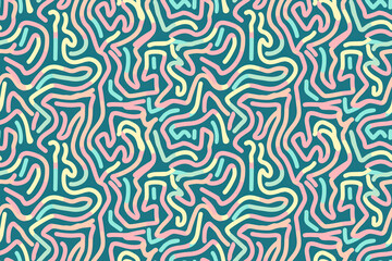 Abstract pattern with colorful, wavy lines in pink, yellow, and green on a teal background, creating a seamless and vibrant decorative tile.