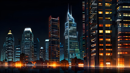Fototapeta premium Glossy and artistic neon light effect urban landscapes of modern towering cities and Skyscrapers or Artistic textures and futuristic townscapes ai generative