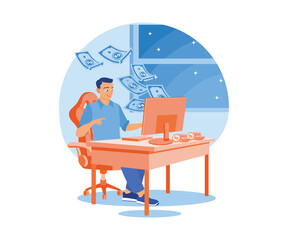 Men work from home. Freelance earns income online. Earning money concept. Flat vector illustration.
