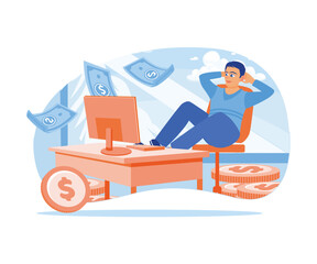Obraz premium Passive income. Man working from home relaxing and earning money. Earning money concept. Flat vector illustration.